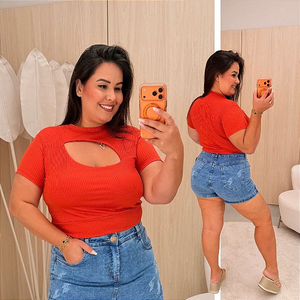 Cropped Canelado Lina Laranja Plus Size