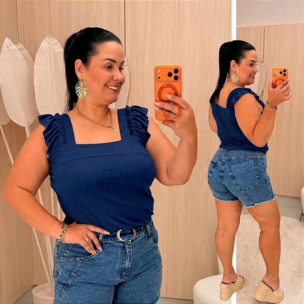 Regata Canelada Azul Marinho Plus Size