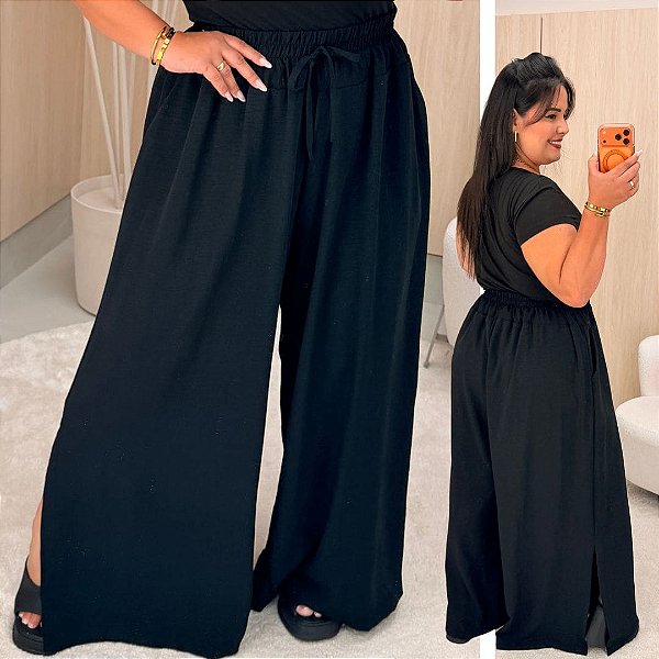 Calça Pantalona Cós Duplo Preta Plus Size