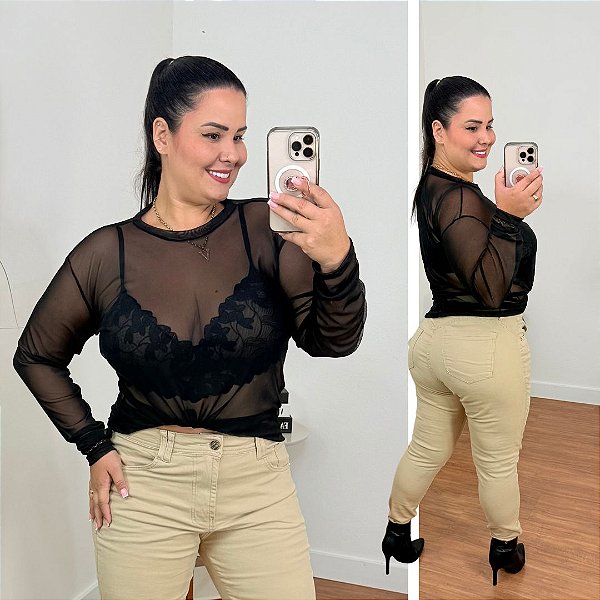 Blusa Tule Manga Longa Preto Plus Size