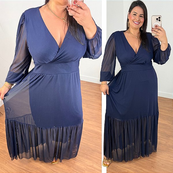Vestido Manga Longa Tule Azul Marinho Plus Size