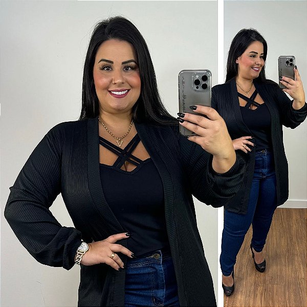 Cardigan Max Canelado Selena Preto Plus Size