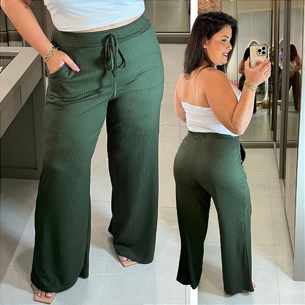 Calça Pantalona Canelada Veronica Verde Musgo Plus Size