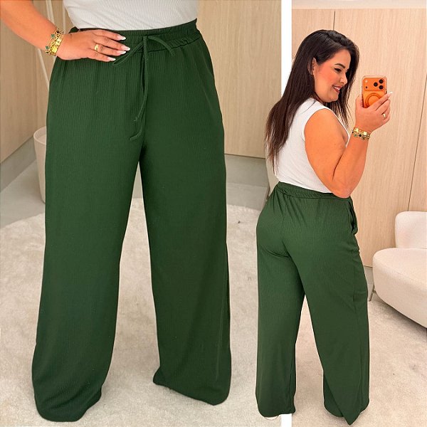 Calça Pantalona Canelada Veronica Verde Musgo Plus Size