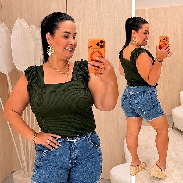 Regata Canelada Verde Militar Plus Size