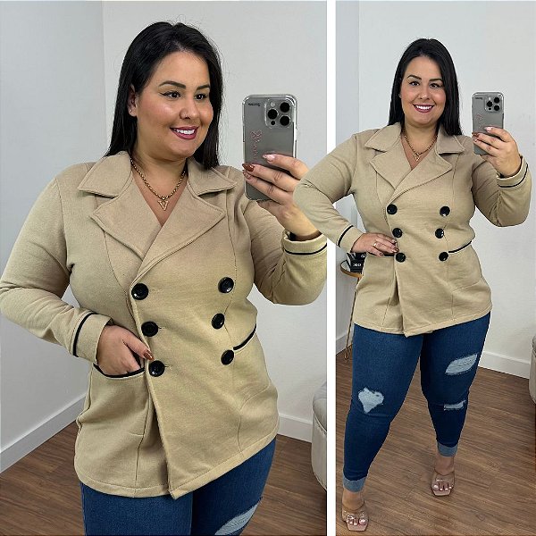 Casaco Moletom Bege Plus Size