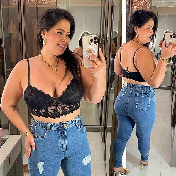 Cropped Bordado Renda Preto Plus Size