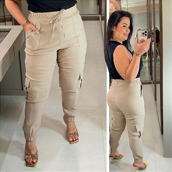 Calça Jogger Cargo Sandra Bege Plus Size