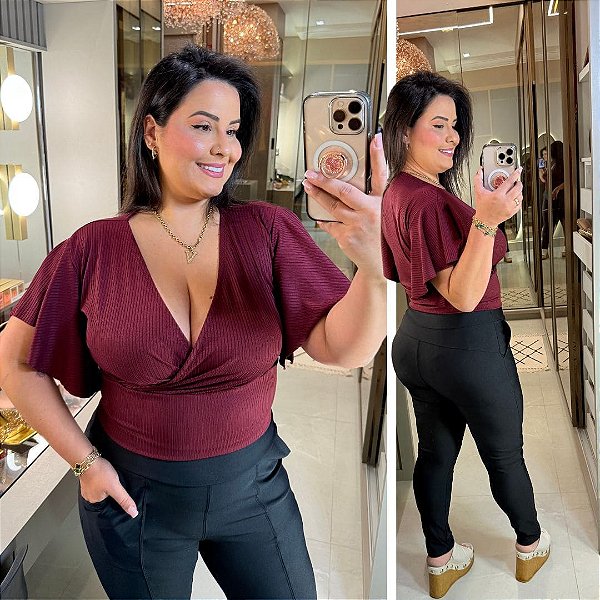 Cropped Canelado Aline Vinho Plus Size