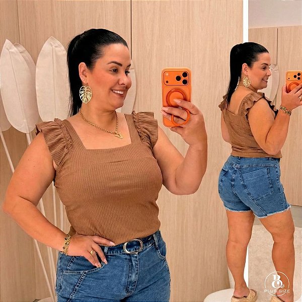 Regata Canelada Marrom Plus Size