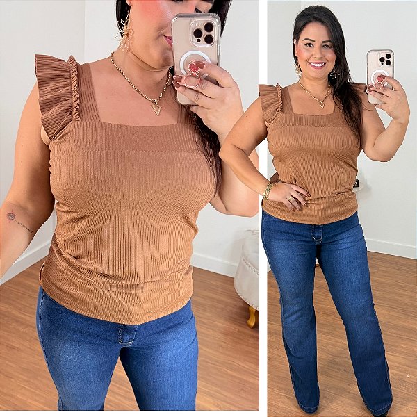 Regata Canelada Marrom Plus Size
