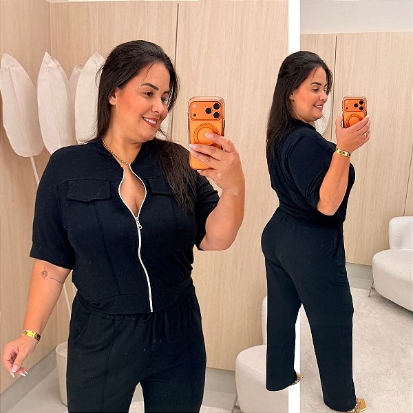 Conjunto Alice Moletinho Ziper Preto Plus Size