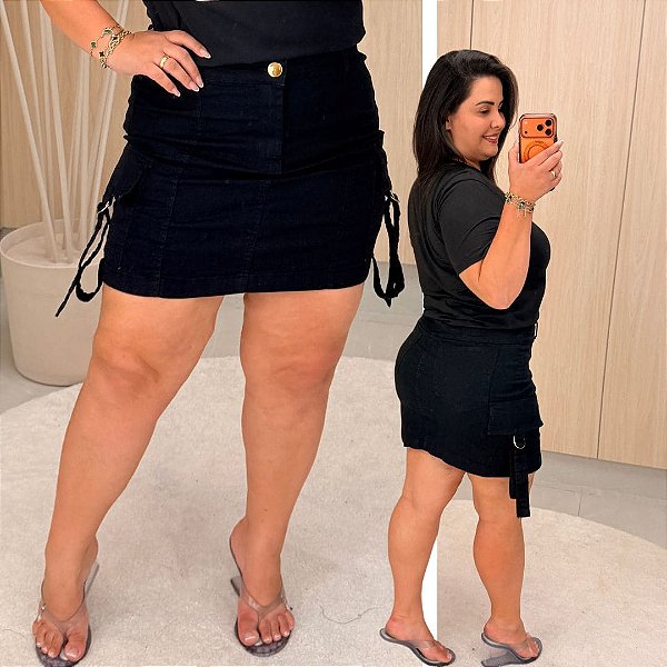 Saia Jeans Awa Maria Preto Cargo Plus Size