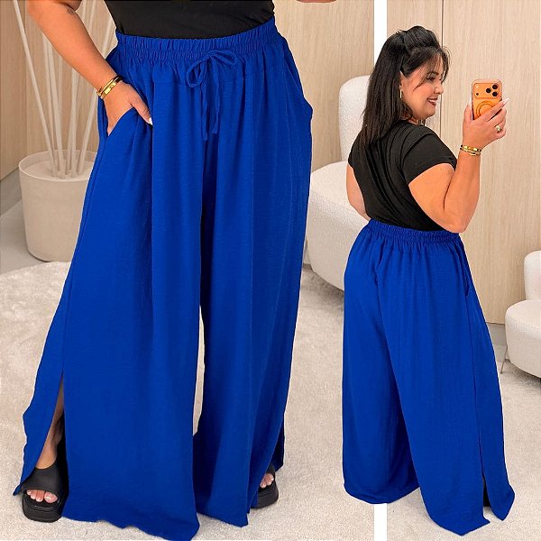 Calça Pantalona Cós Duplo Azul Royal Plus Size
