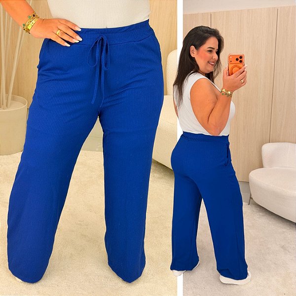 Calça Pantalona Canelada Veronica Azul Royal Plus Size
