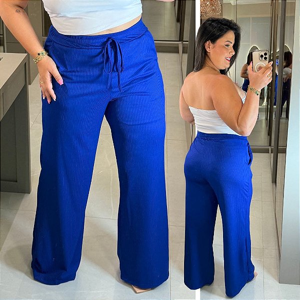 Calça Pantalona Canelada Veronica Azul Royal Plus Size