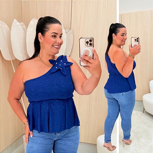Blusa Bata Estrela Suzi Azul Plus Size