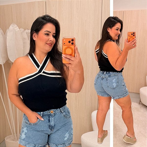 Blusa Modal Melissa Cruzado Preta Plus Size