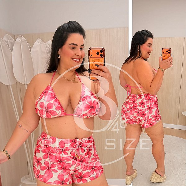 Biquíni com Short Perla Flor Rosa Plus Size
