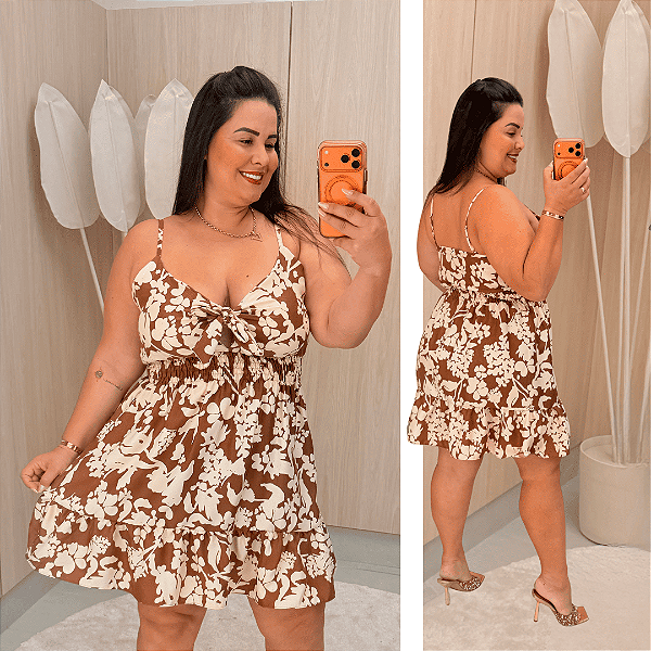 Vestido Susan Marrom Estampado Bege Plus Size