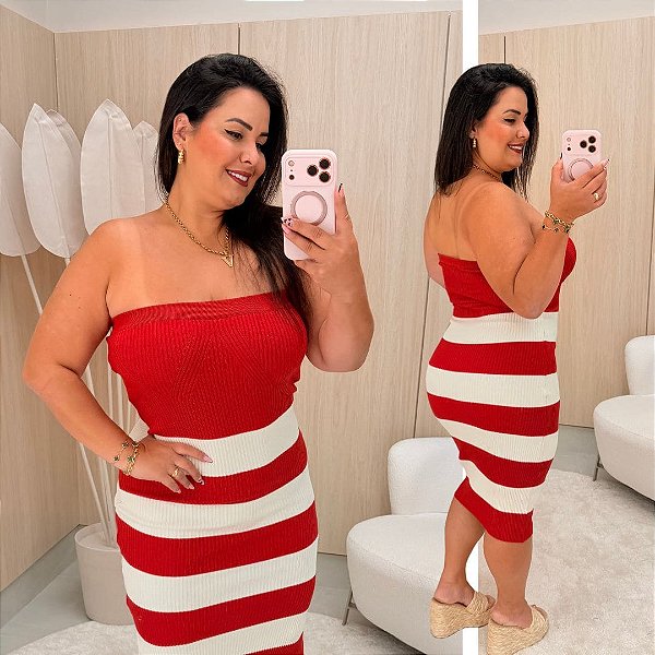 Vestido Modal Vermelho Listra Plus Size