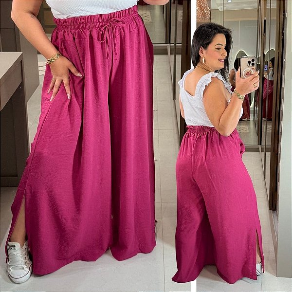 Calça Pantalona Cós Duplo Pink Plus Size