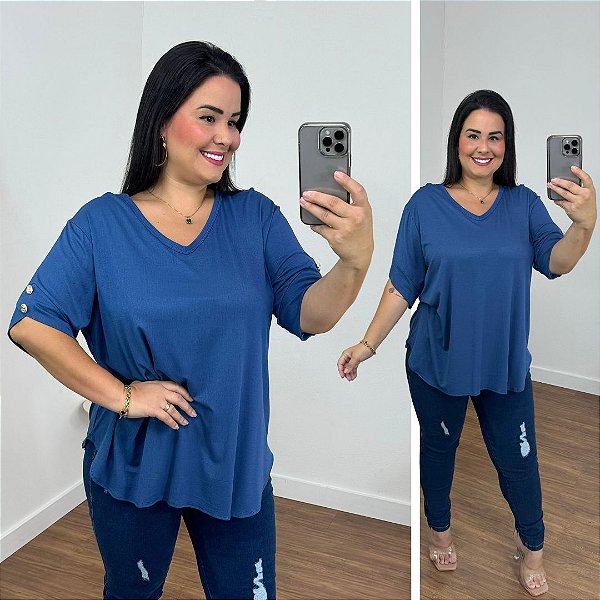 Blusa Max Vick Azul Botão Plus Size