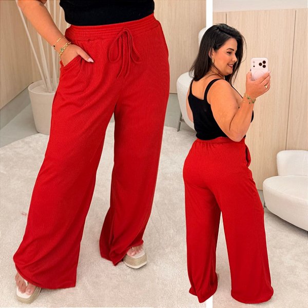 Calça Pantalona Canelada Verônica Vermelha Plus Size
