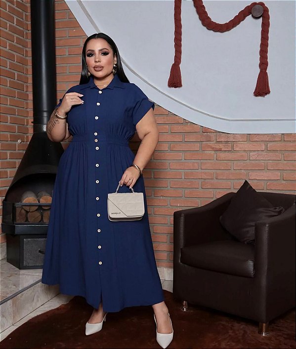 Vestido Rebeca Botão Azul Plus Size