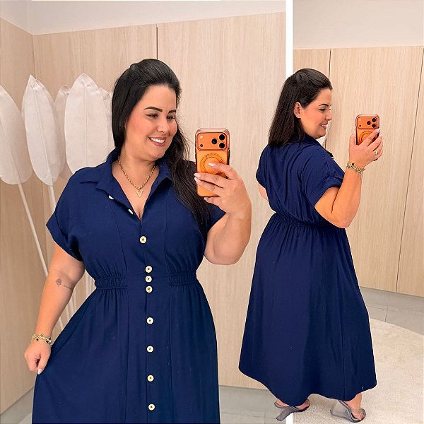Vestido Rebeca Botão Azul Plus Size