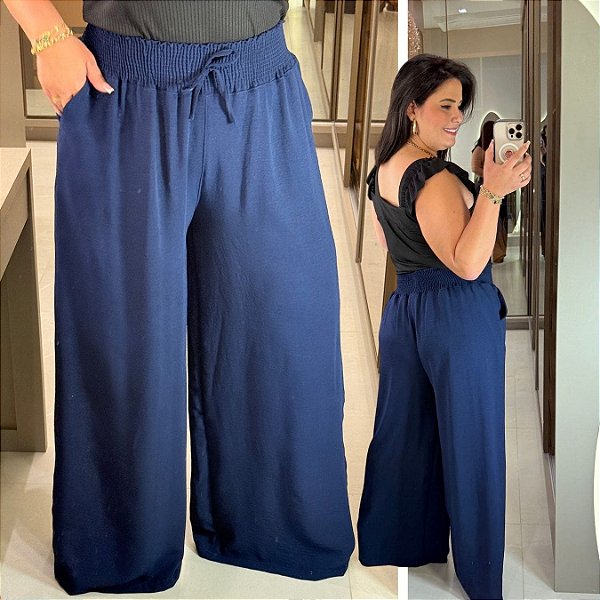 Calça Pantalona Sueli Azul Marinho Plus Size