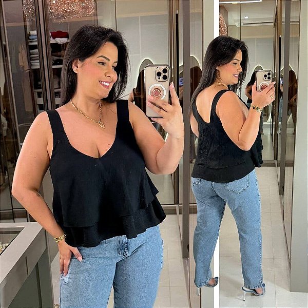 Blusa Regata Babado Lana Preta Plus Size