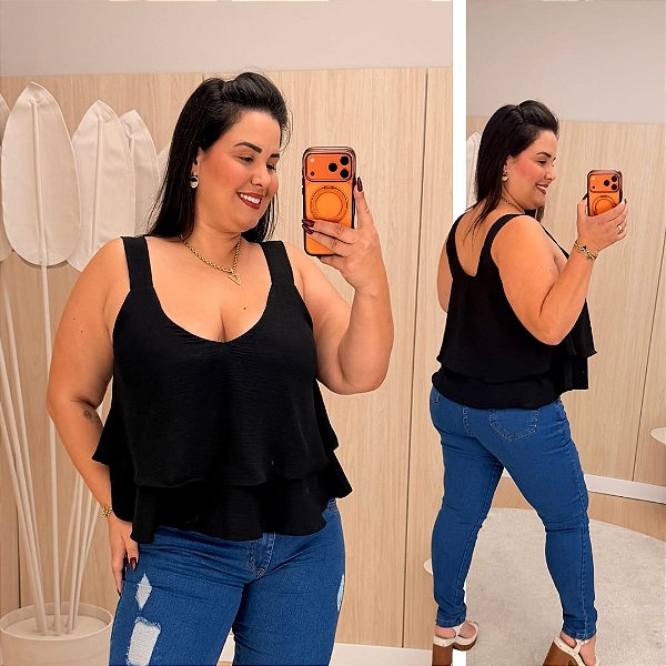 Blusa Regata Babado Lana Preta Plus Size