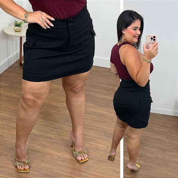 Short Saia Canelado Isabeli Preto Plus Size