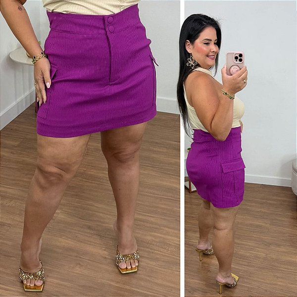 Short Saia Canelado Isabeli Fúcsia Plus Size