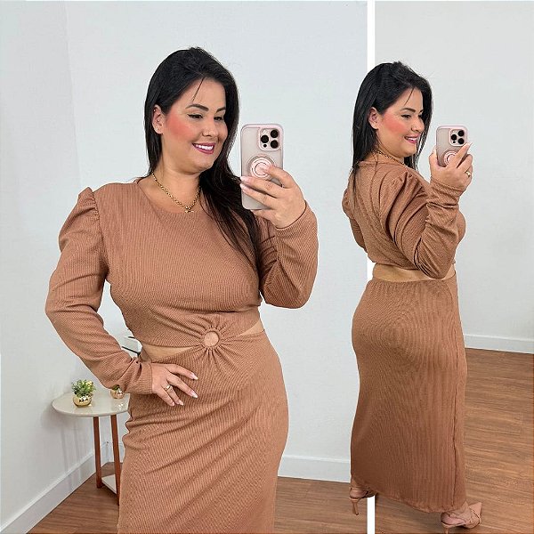 Vestido Manga Ana Ruga Marrom Plus Size