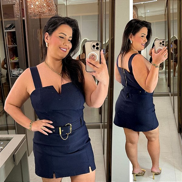 Macaquinho Vip Short Saia Azul Marinho Plus Size