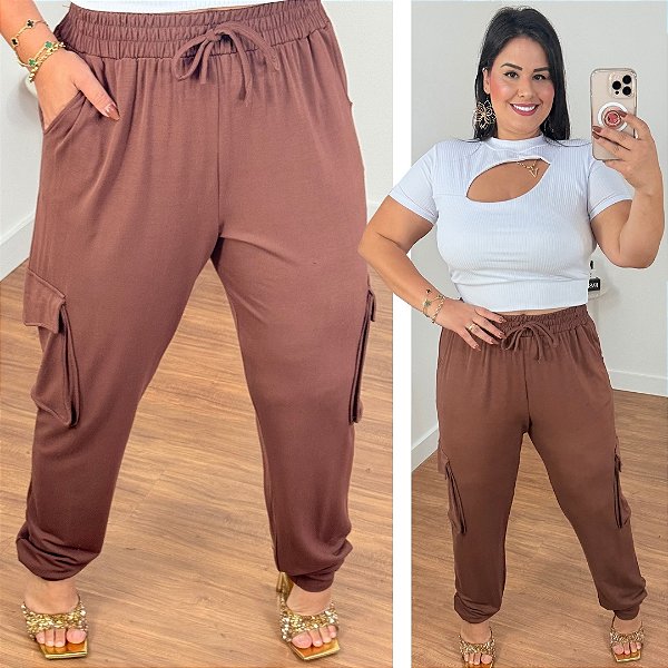 Calça Jogger Moletinho Livia Marrom Plus Size