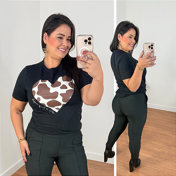 T shirt Algodão Coração Preto Plus Size