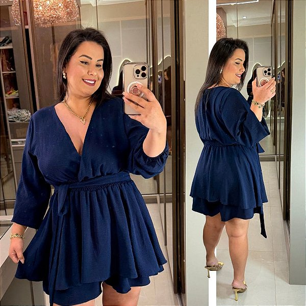 Macaquinho Cindy Manga Longa Azul Plus Size