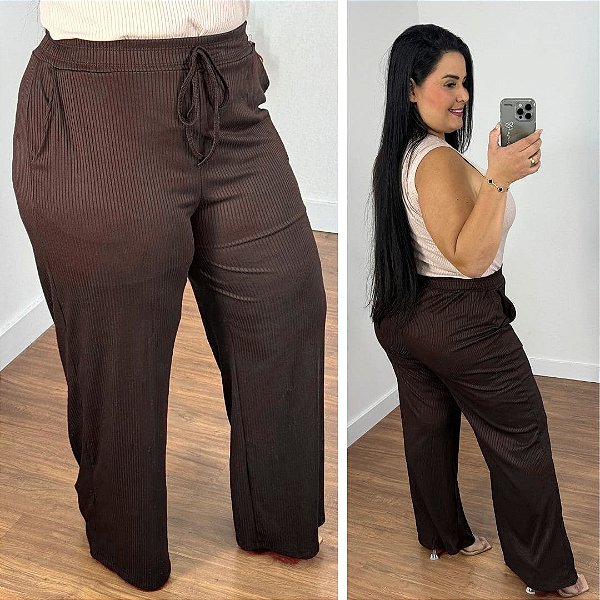 Calça Pantalona Canelada Verônica Marrom Plus Size
