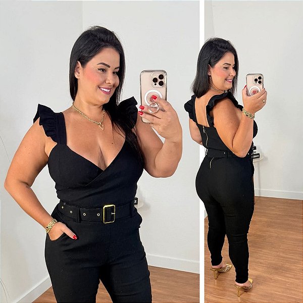 Macacão Vip Babado Taila Preto Plus Size