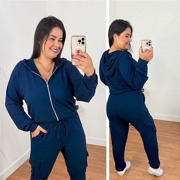 Conjunto Moletinho Cargo Zíper Azul Marinho Plus Size