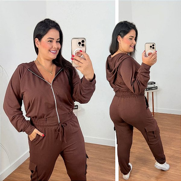 Conjunto Moletinho Cargo Zíper Marrom Plus Size