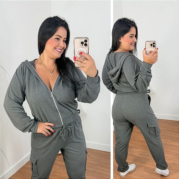 Conjunto Moletinho Cargo Zíper Cinza Plus Size