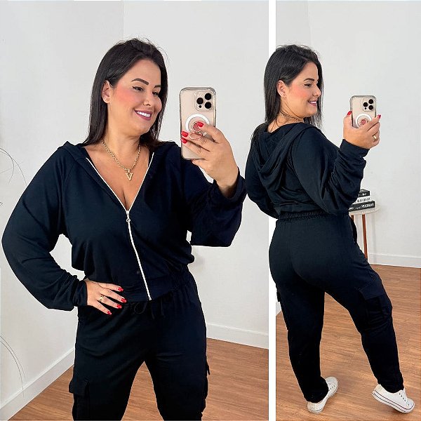 Conjunto Moletinho Cargo Zíper Preto Plus Size