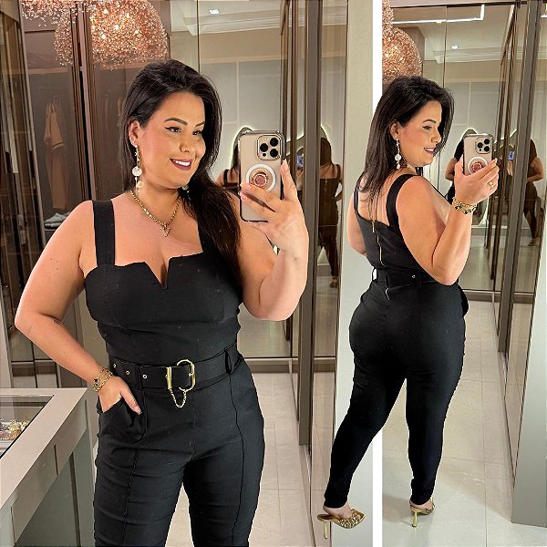 Macacão Vip Bengaline Aro V Preto Plus Size