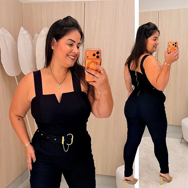 Macacão Vip Bengaline Aro V Preto Plus Size