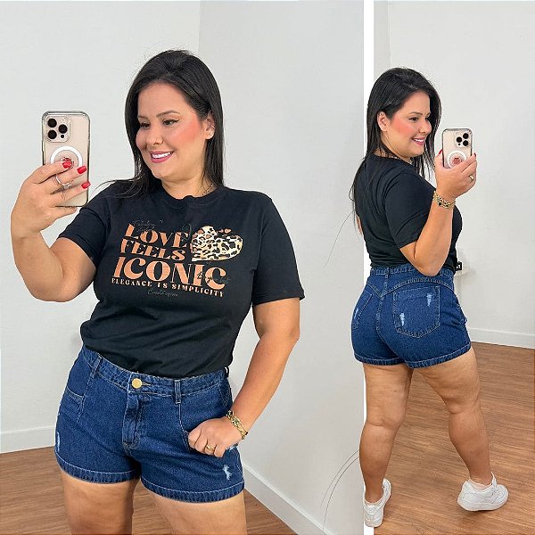 T shirt Algodão Preta Love Feels Plus Size