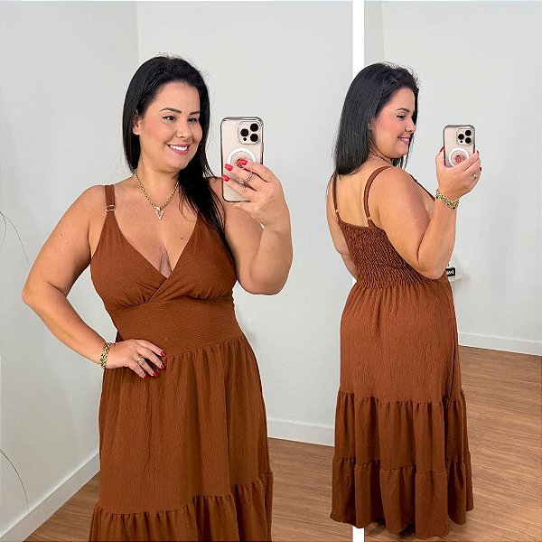 Vestido Alça Farm Liso Marrom Plus Size